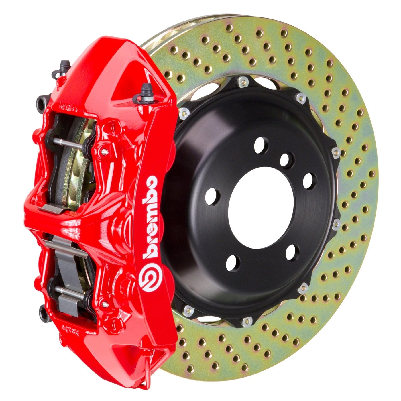 Brembo GT 6-piston red caliper on a cross-drilled two-piece disc