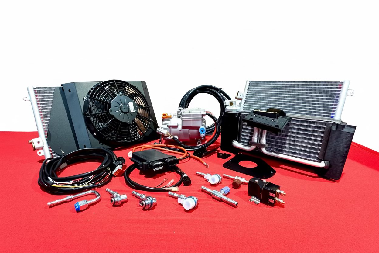 Classic Retrofit Electrocooler kit for 964/993 laid out: two condensers, fan, electric compressor, evaporator, control box, harness, hoses and fittings