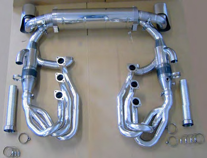 M&M 964S PowerKit dual-exit exhaust laid out: headers, catalysts, muffler, tips and clamps