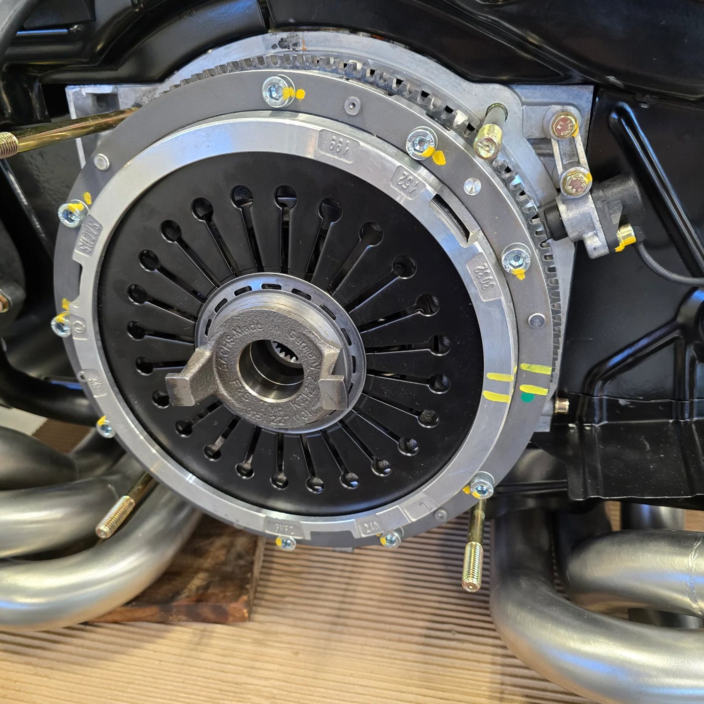 RS single-mass flywheel and Sachs RS pressure plate fitted to the engine, gearbox off